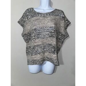 Inhabit Women's Knit Top Beige Gray Striped Short Sleeve Pullover Sweater‎ Sz s